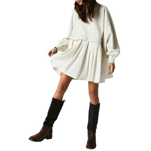 NWT Free People Dress XS Eleanor Layered Sweatshirt MinidressWhite Cream - Picture 2 of 7